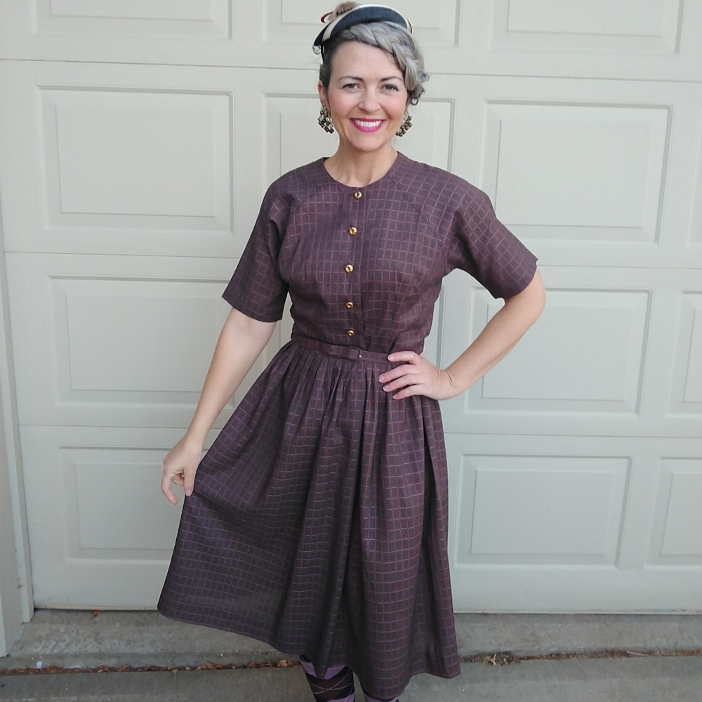 1960's BROWN PLAID shirtdress 60's DRESS S